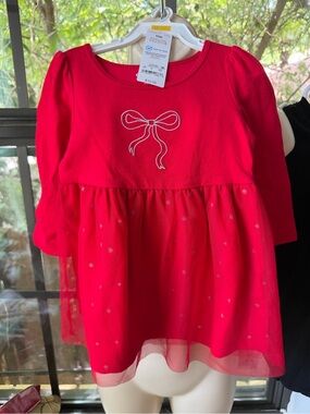 Carter's Red Long-Sleeve Bow Dress with Sparkle Tulle